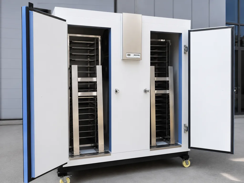 Machine frame access doors with externally mounted hinges in the open position