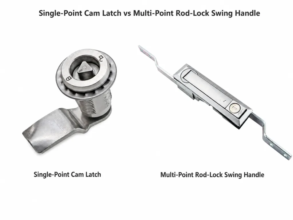 Quarter-turn cam latch beside a swing handle with multi-point rods