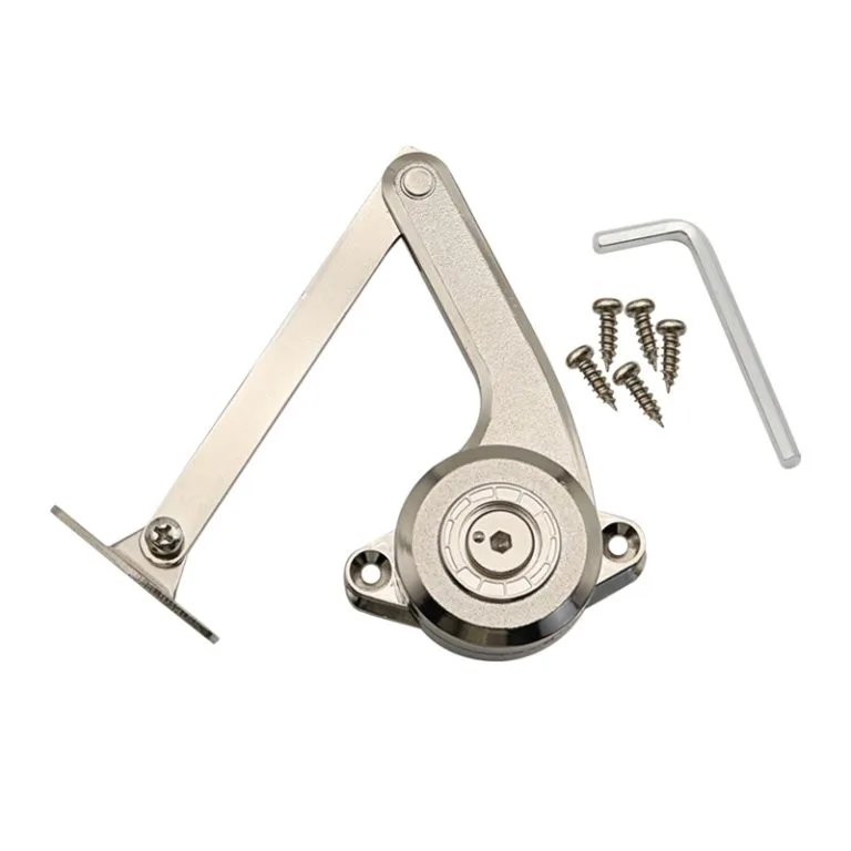 Spring-damper lid stay with disc spring-damper unit, folding arm, and mounting screws