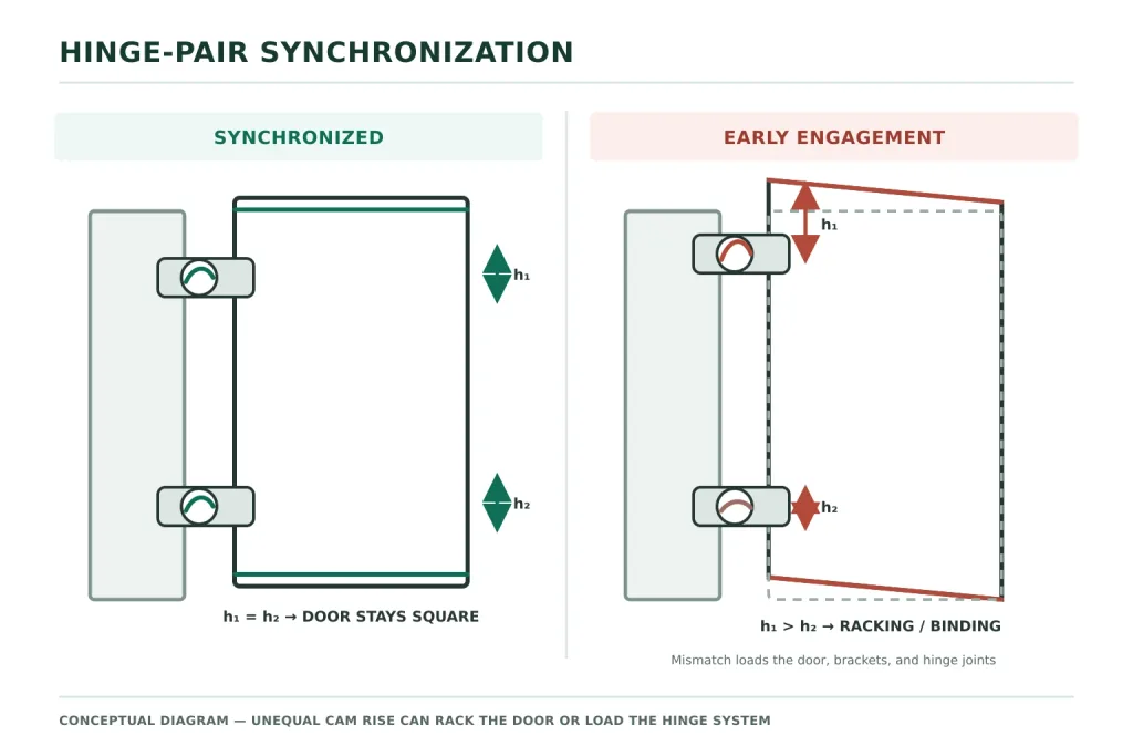 Synchronisation und ungleichmäßiger Eingriff bei einem Paar Nockenheberscharnieren