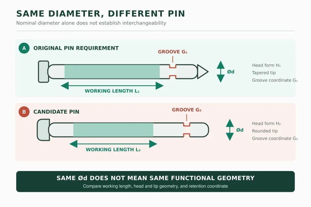 Industrial hinge pins with the same nominal diameter but different functional geometry