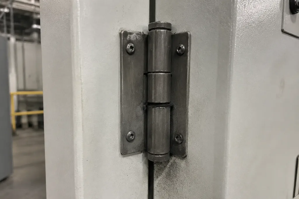 Black residue below an industrial hinge knuckle