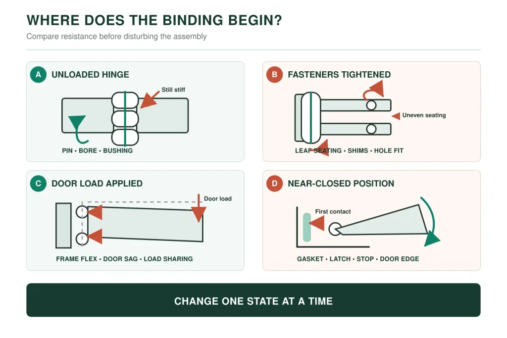 Industrial door hinge binding at different assembly states