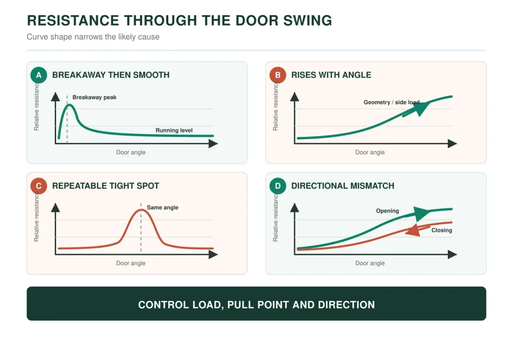 Industrial door hinge resistance patterns through the opening angle