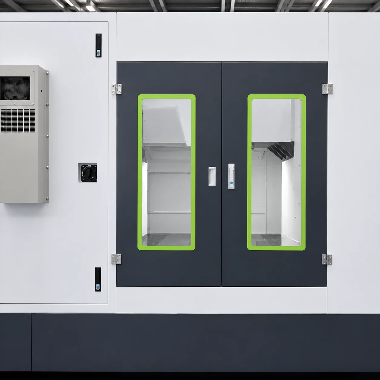 Industrial machine access doors with installed hinge hardware